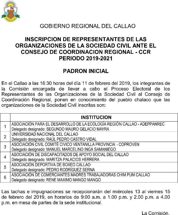 INSCRIPCION DE REPRESENTANTES DE LAS ORGANIZACIONES DE LA SOCIEDAD CIVIL ANTE EL CONSEJO DE COORDINACIÓN REGIONAL – CCR PERIODO 2019-2021Imagen del título: 